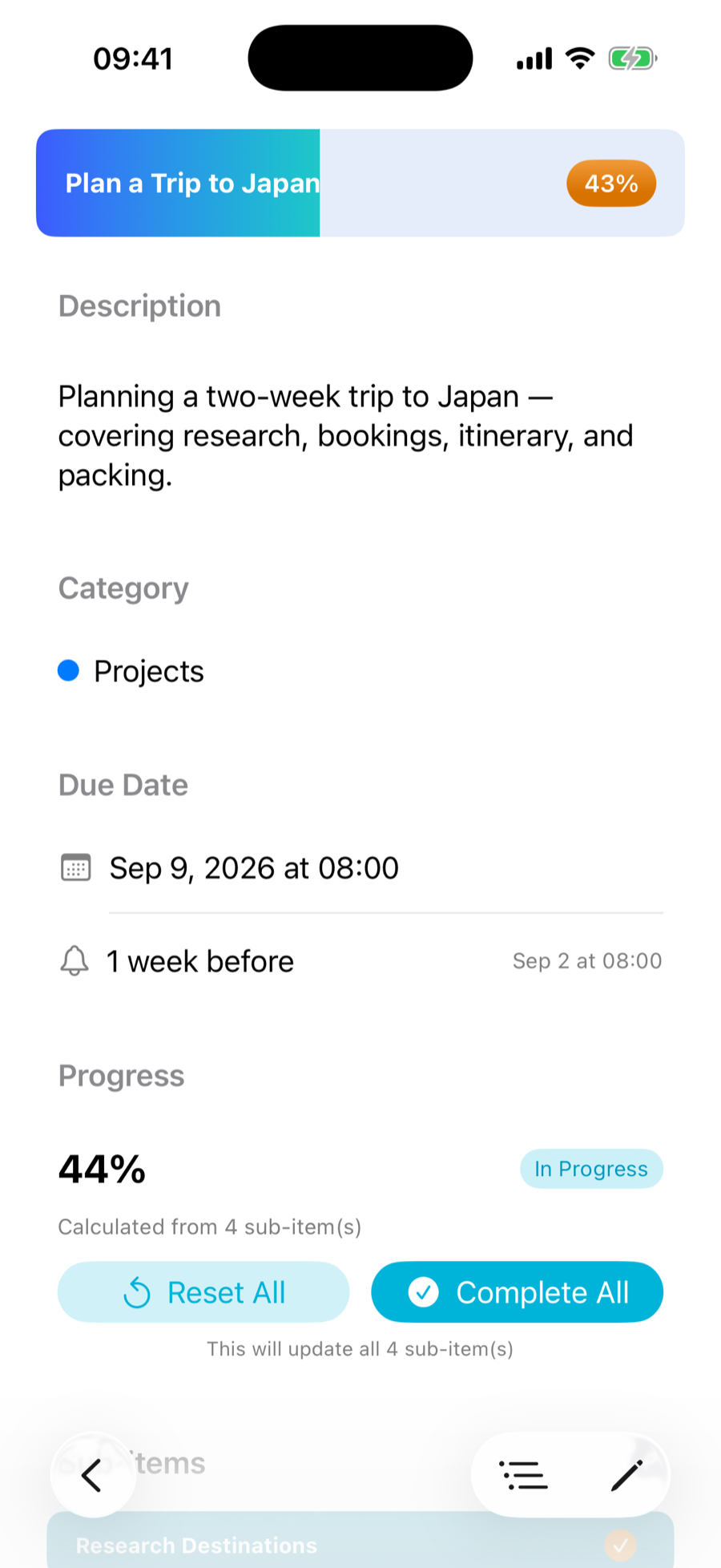An item in strivu showing its due date and a reminder set for one week before