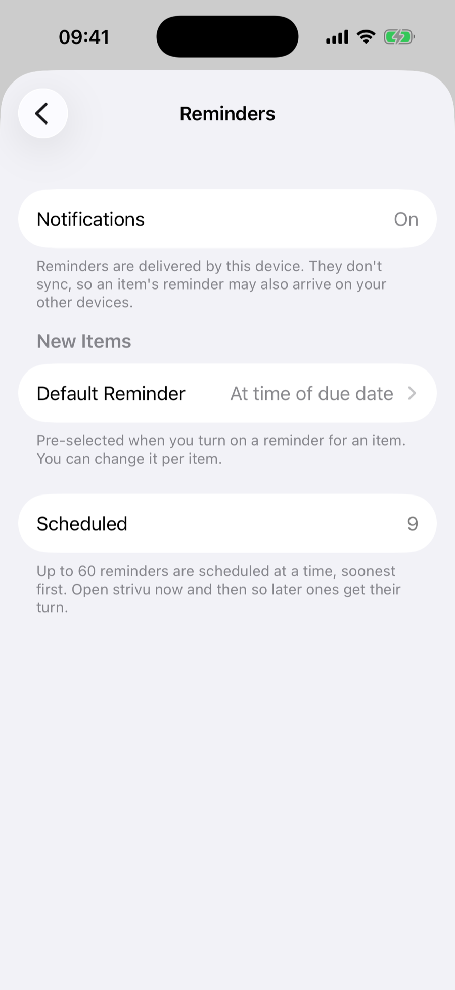 The strivu Reminders settings screen showing notification status, default lead time, and scheduled count